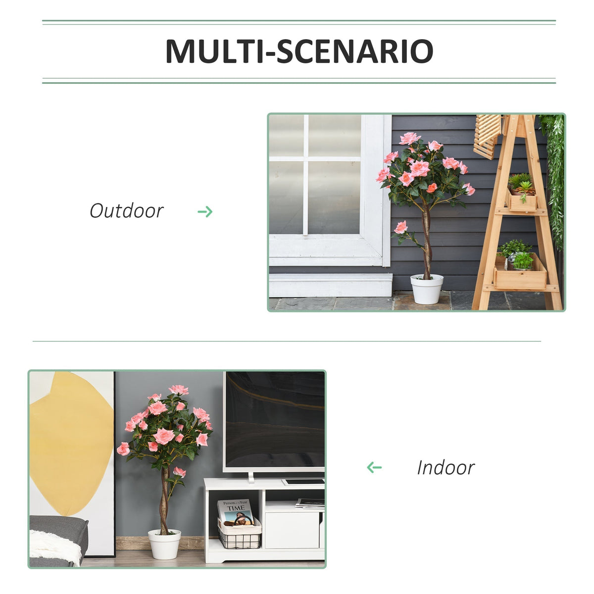 Multi-scenario display showing the artificial pink rose floral tree in outdoor and indoor settings