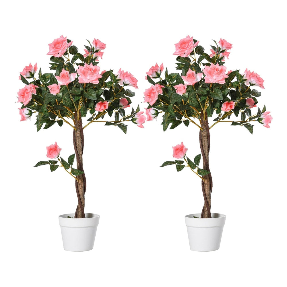 Outsunny Set of 2 Artificial Plants Pink Rose Floral in Pot, two pink rose floral trees in white pots