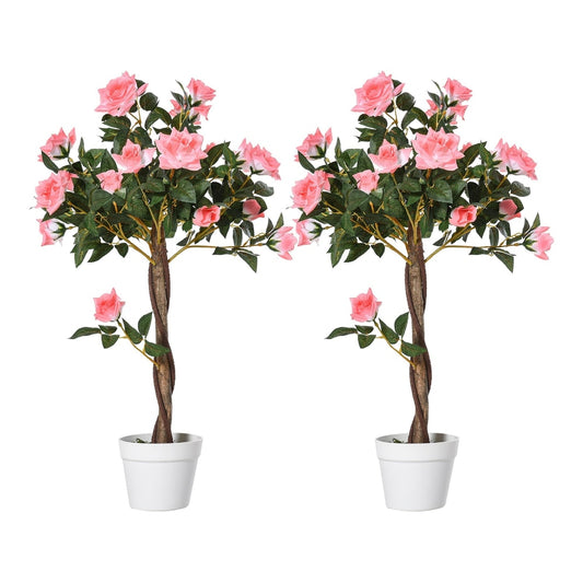 Outsunny Set of 2 Artificial Plants Pink Rose Floral in Pot, two pink rose floral trees in white pots
