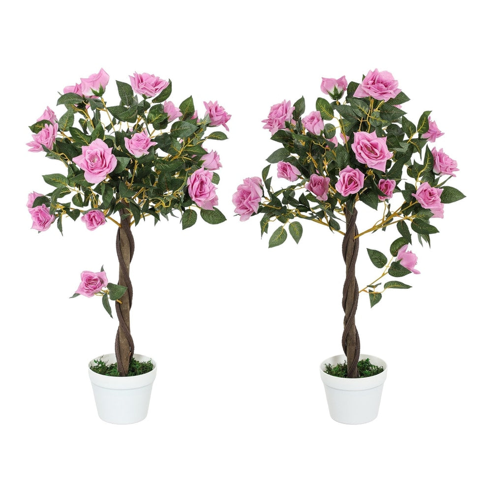 Outsunny Set of 2 Artificial Plants White Rose Floral in Pot standing side by side against white background