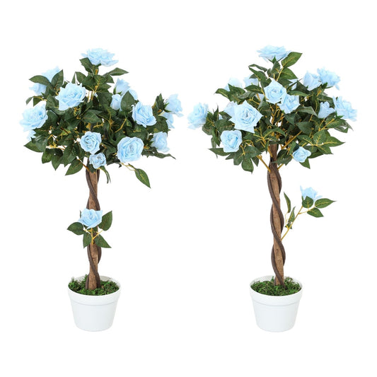 Outsunny Set of 2 Artificial Plants White Rose Floral in Pot displayed side by side on white background