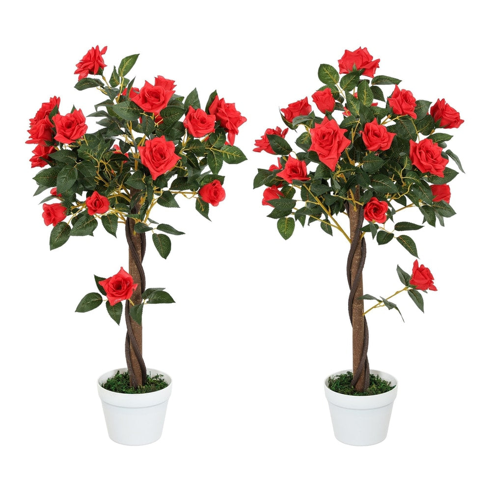 Outsunny Set of 2 Artificial Plants White Rose Floral in Pot, two red rose trees in white pots