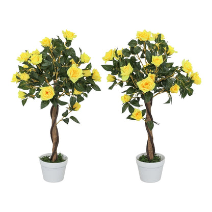 Outsunny Set of 2 Artificial Plants White Rose Floral in Pot, two yellow rose trees in white pots