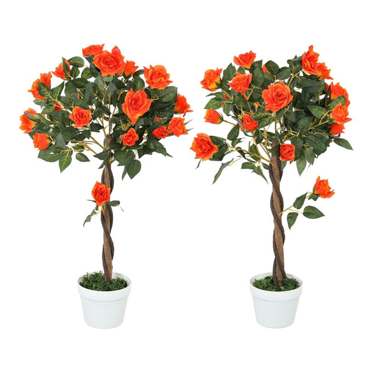 Outsunny Set of 2 Artificial Plants White Rose Floral in Pot, two orange rose trees in white pots
