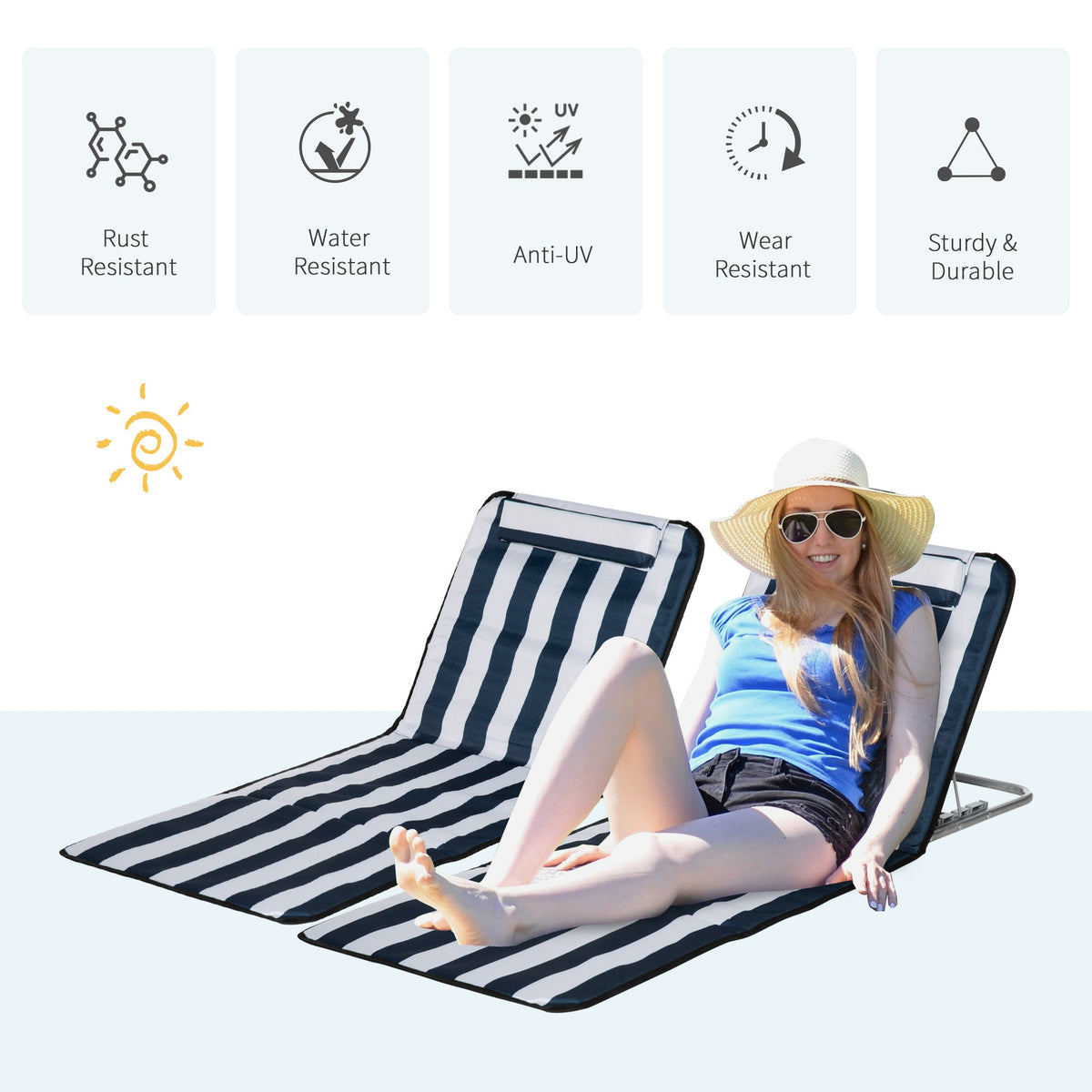 A woman relaxing on the beach gear with icons showing rust and water resistant features