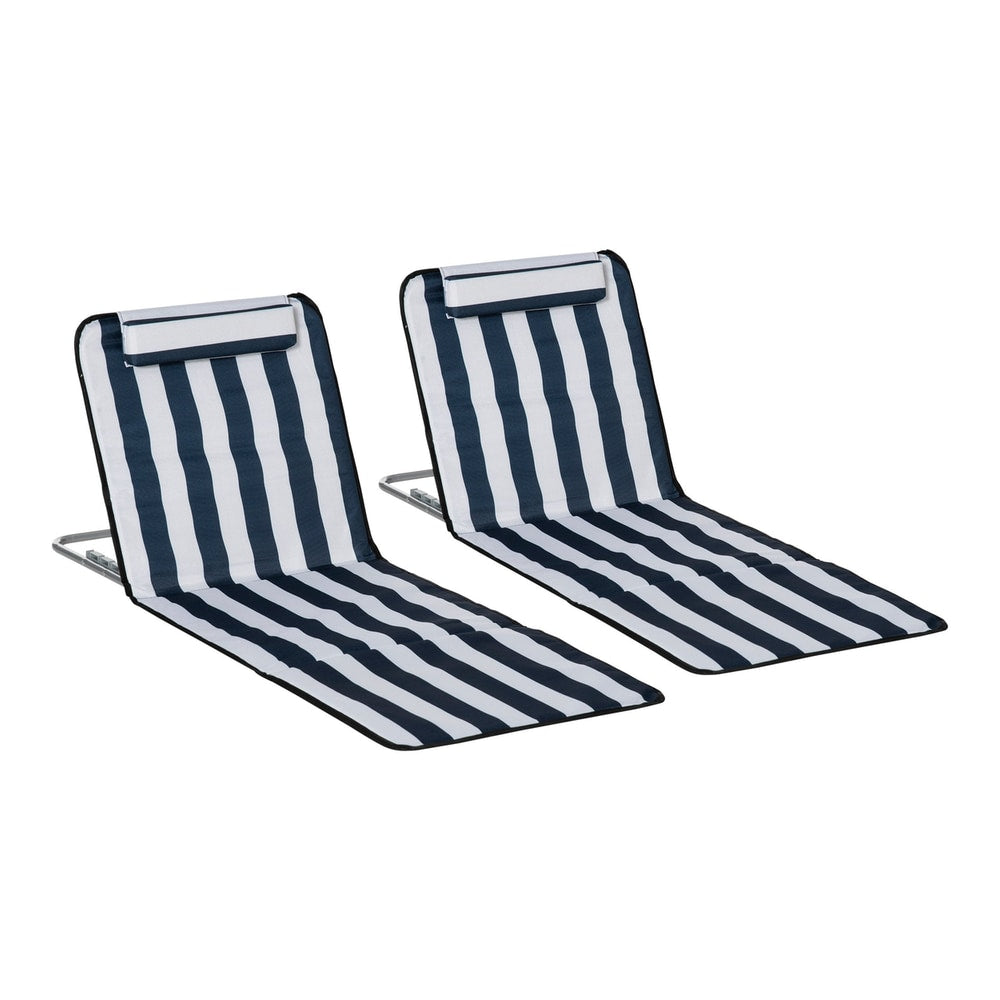 Outsunny Set of 2 Foldable Garden Beach Chair Mat in blue and white stripes with head pillows