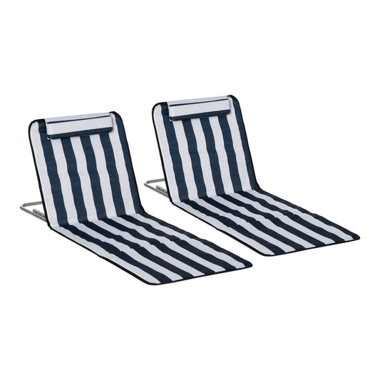 Outsunny Set of 2 Foldable Garden Beach Chair Mat in blue and white stripes with head pillows