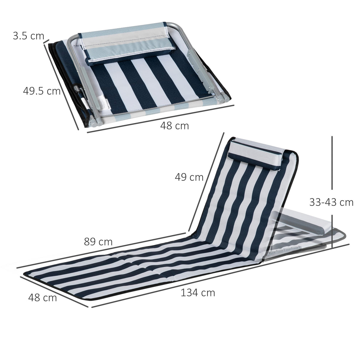 Technical diagram showing the dimensions of the folded and unfolded beach gear