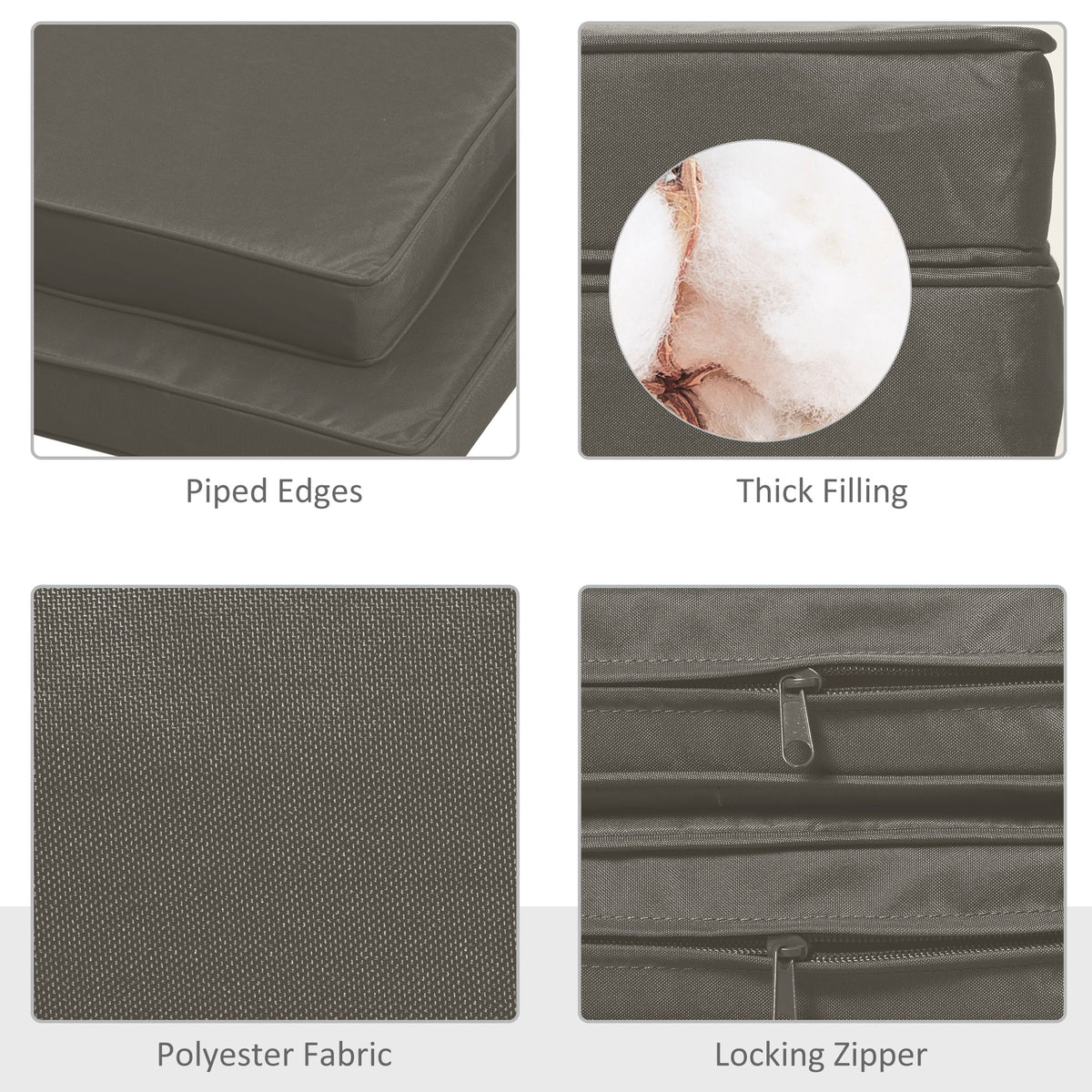Close up of the dark grey chair cushions showing piped edges, thick filling and locking zipper