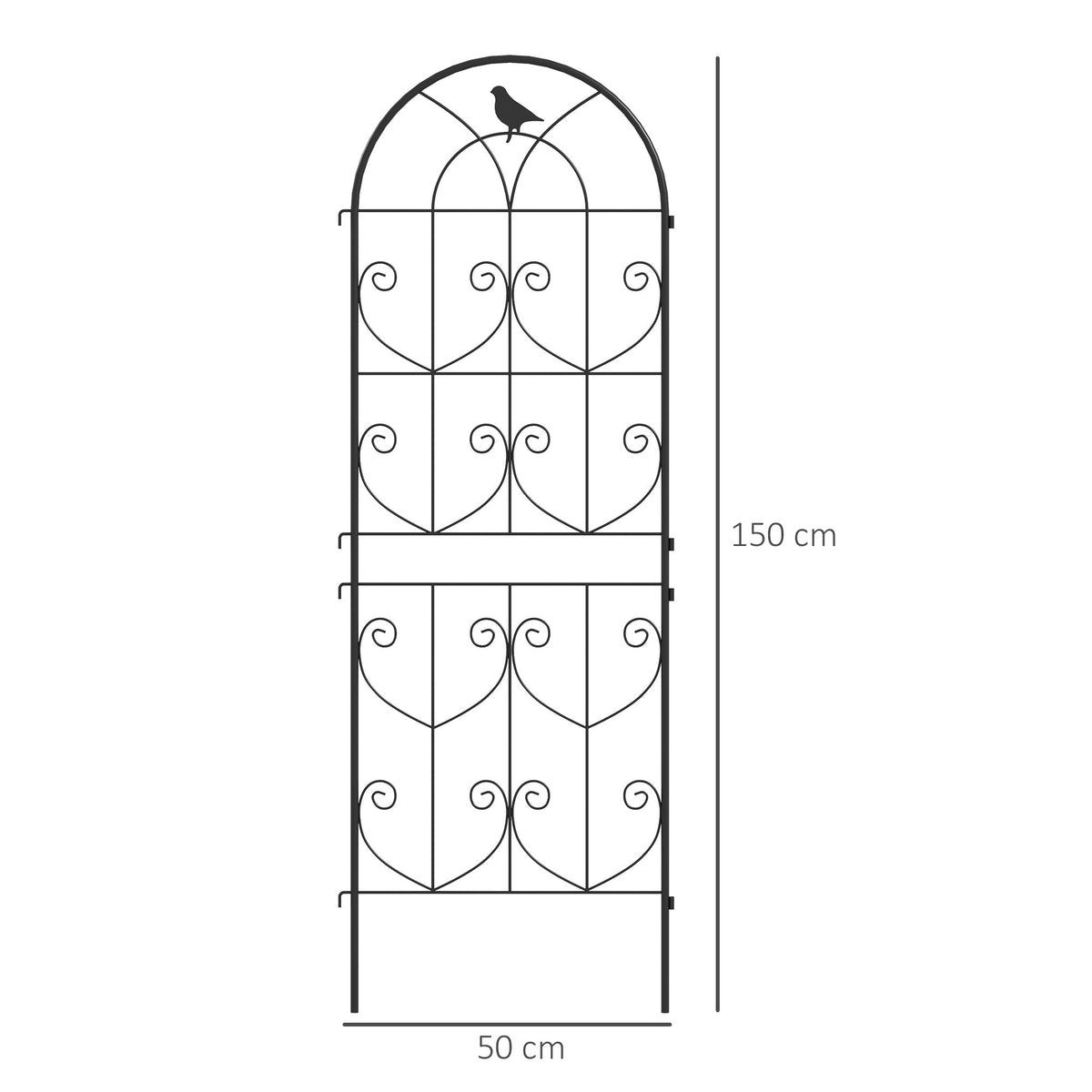 Size diagram showing the dimensions of the metal fence panels as 150cm by 50cm