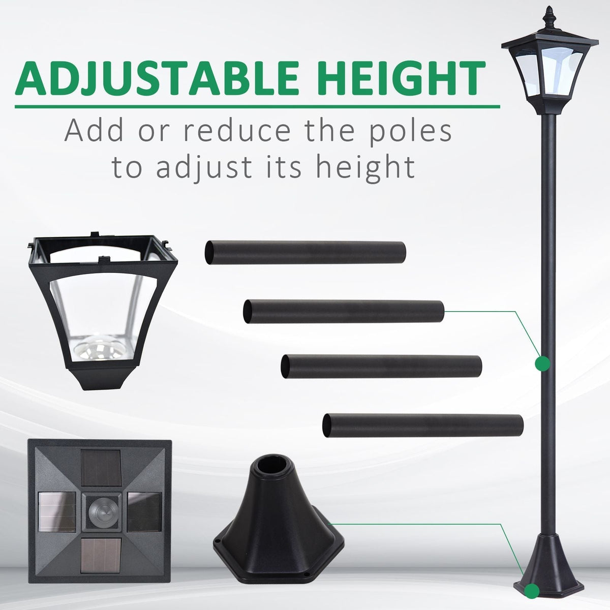 The garden lighting components including the lantern head, base and adjustable poles