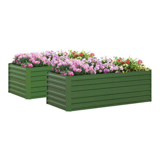 Outsunny Set of 2 Raised Beds for Garden, green galvanised steel outdoor planters filled with flowers