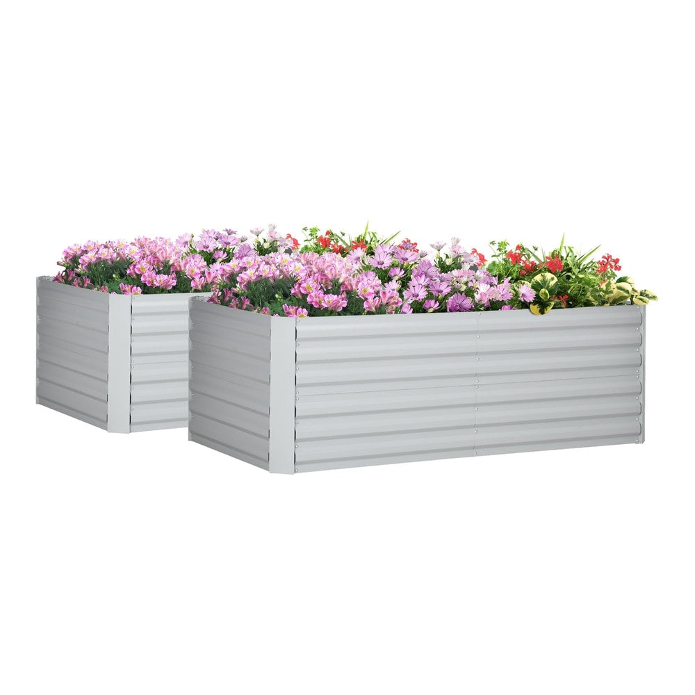 Outsunny Set of 2 Raised Beds filled with colourful flowers against a plain white background