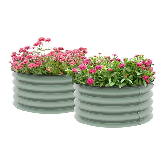 Outsunny Set of 2 Raised Garden Beds in sage green with pink and purple flowers
