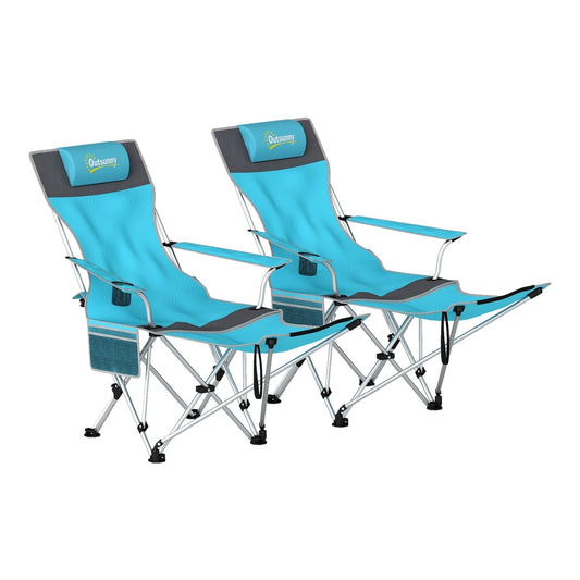 Outsunny Set of 2 Reclining Folding Camping Chairs in blue and grey with headrests and cup holders