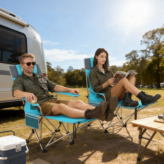 Two blue and grey camping chairs set up outside a caravan with people relaxing in them