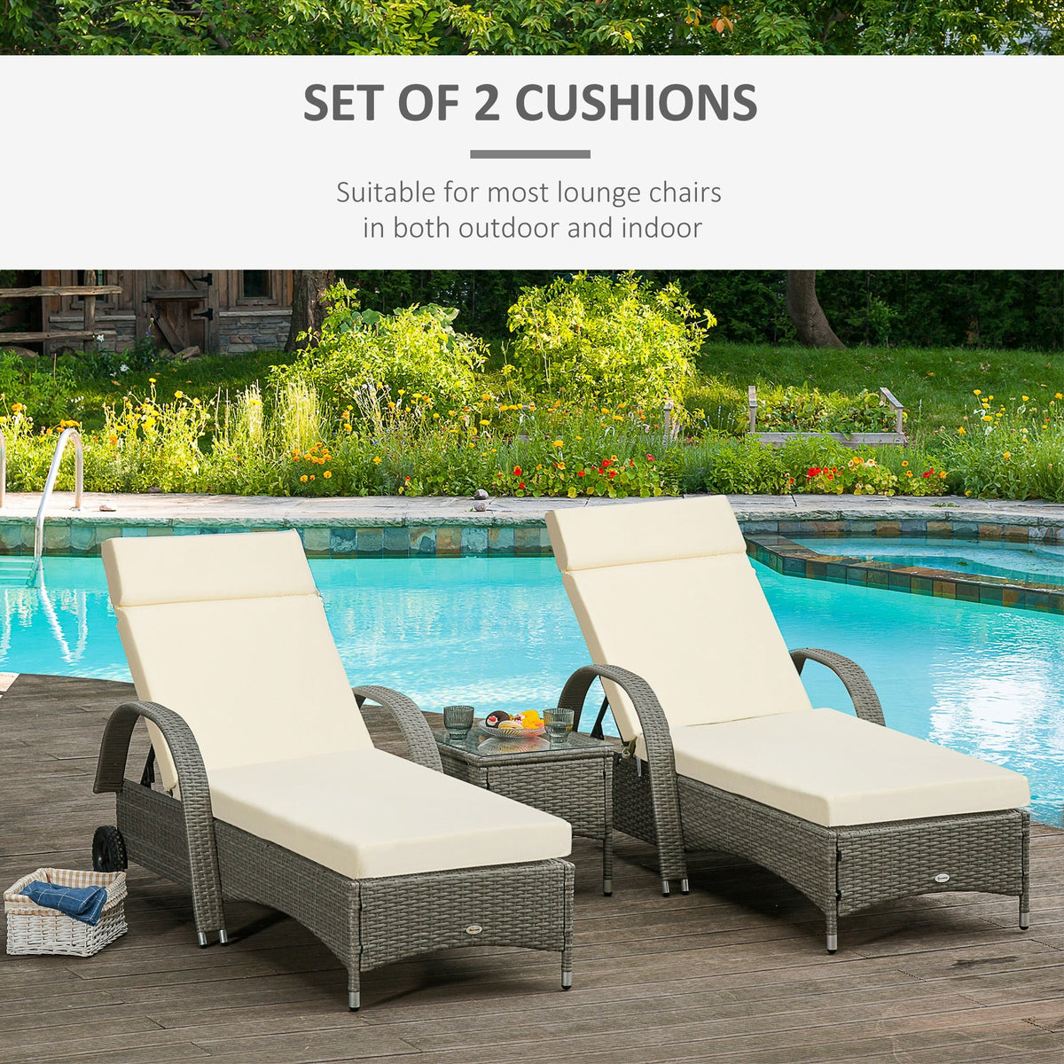 Two cream white sun lounger cushions on rattan furniture by a pool, with text 'SET OF 2 CUSHIONS