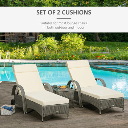 Two cream white sun lounger cushions on rattan furniture by a pool, with text 'SET OF 2 CUSHIONS