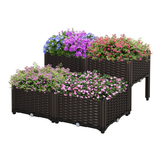 Outsunny Set of 4 26L Garden Raised Bed with plants in brown