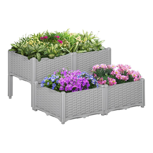 Outsunny Set of 4 26L Garden Raised Bed shown with plants in a grey woven effect finish