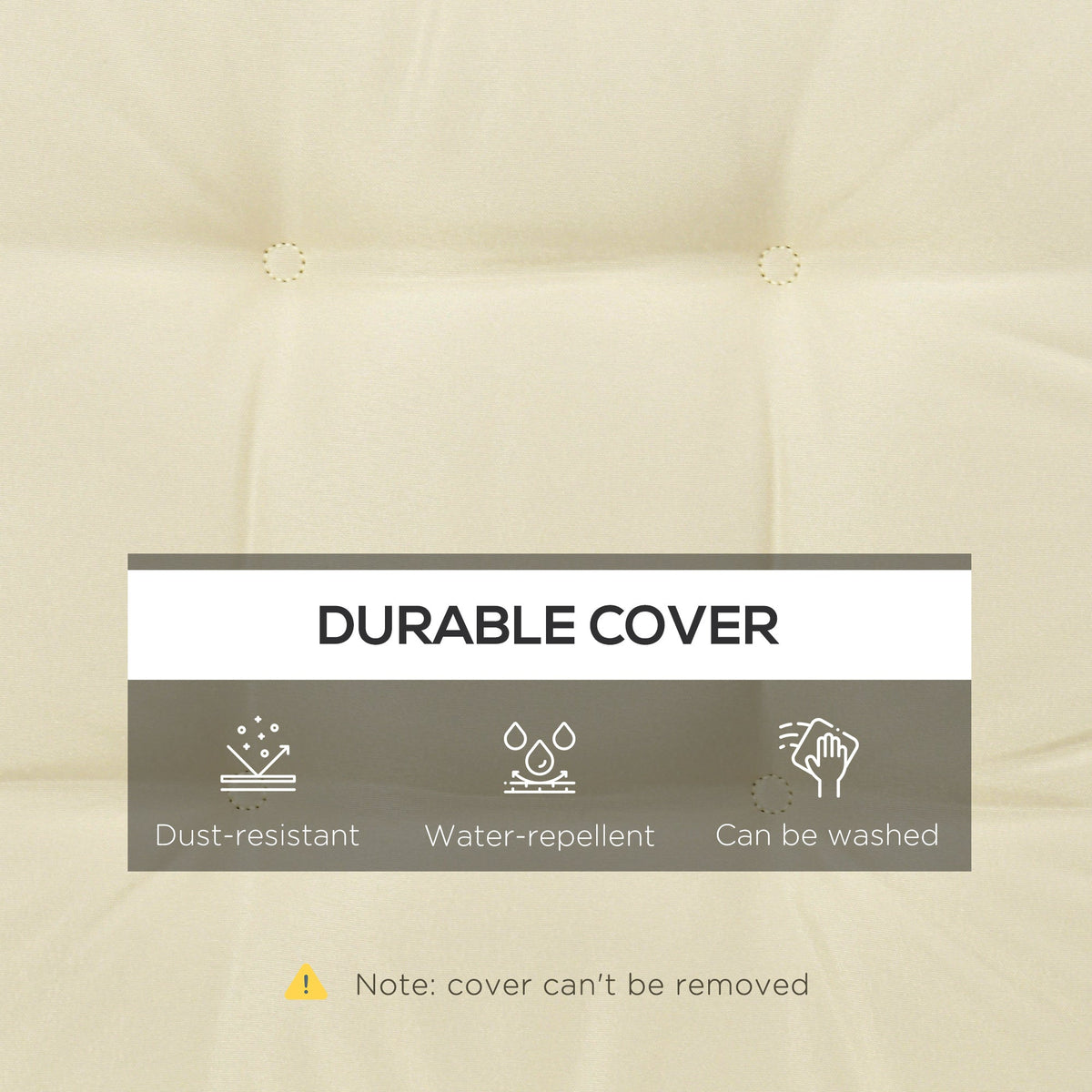 Close up of cushion cover showing dust-resistant and water-repellent icons