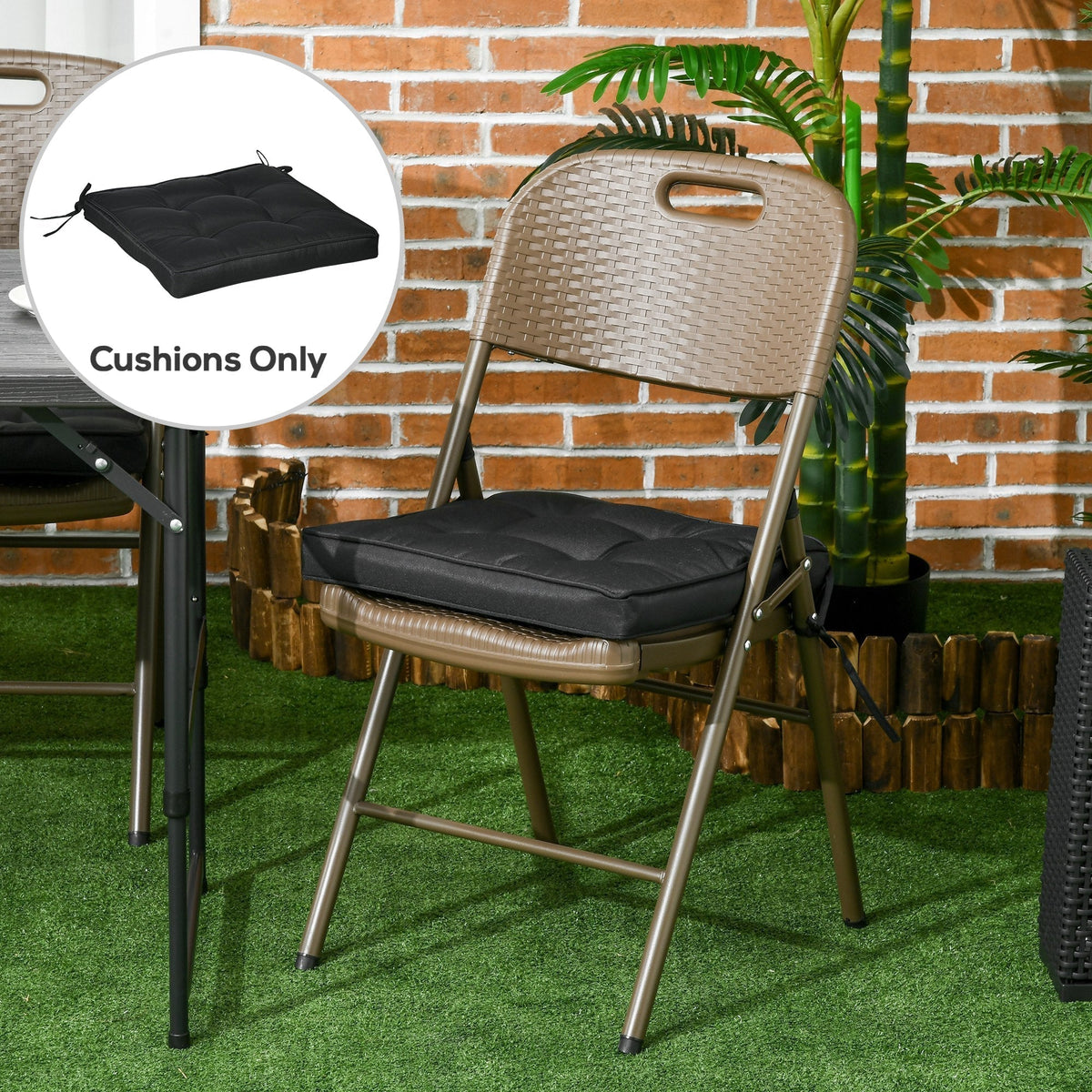 The garden seat cushion placed on a brown folding chair in an outdoor setting