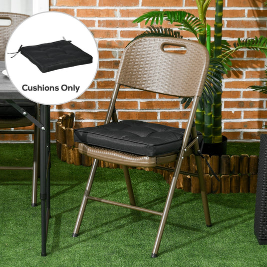 The garden seat cushion placed on a brown folding chair in an outdoor setting