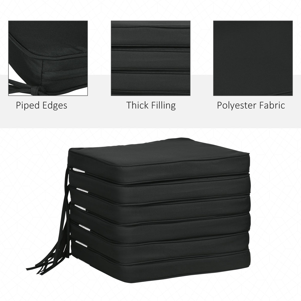 The seat pads with close-up details of the piped edges and fabric texture