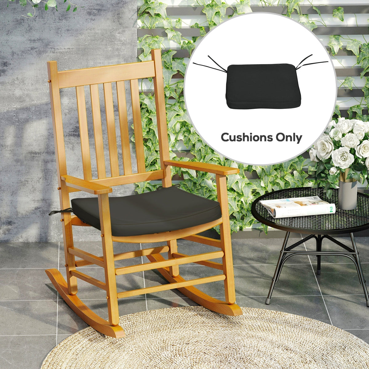 The seat pads placed on a wooden rocking chair in a garden setting
