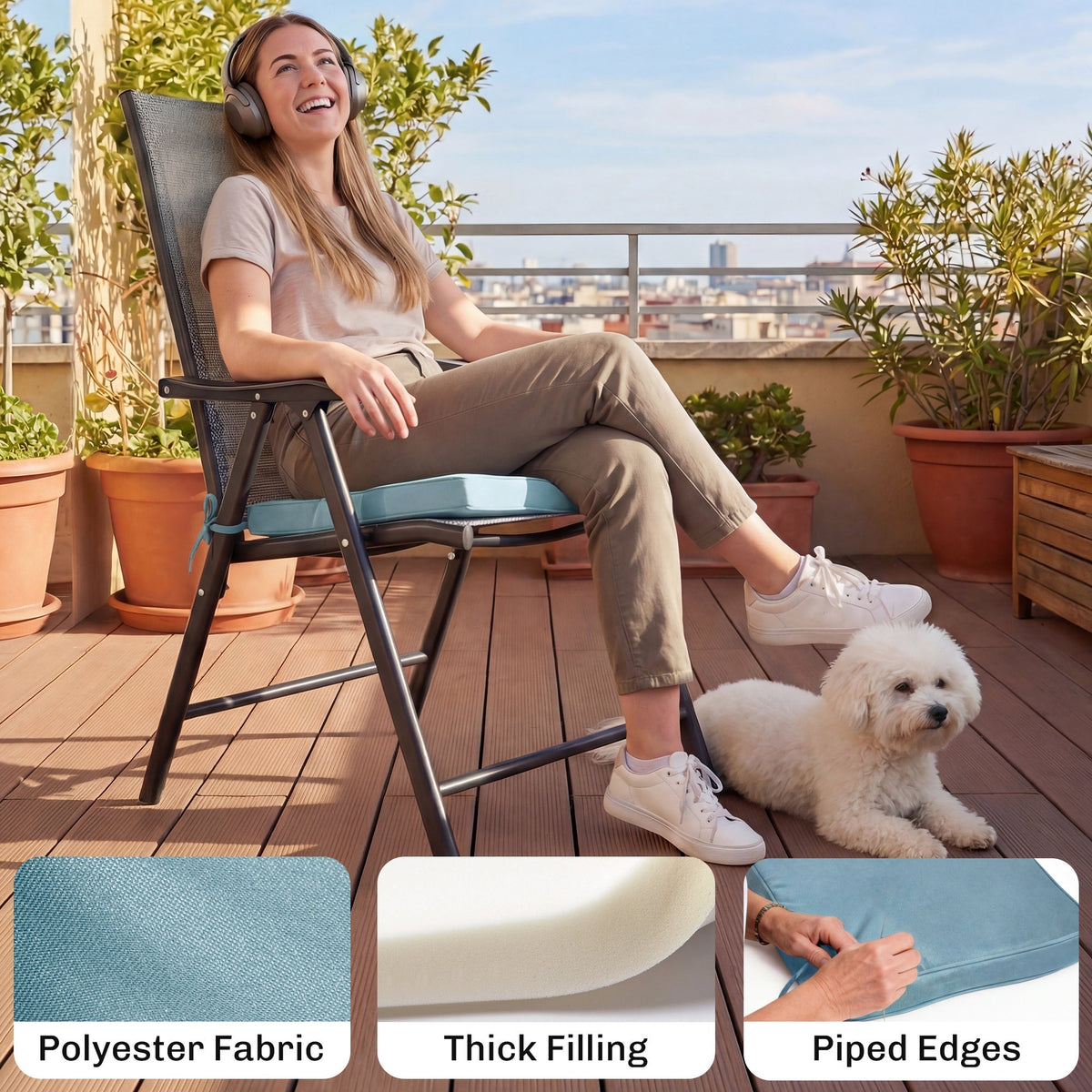 Woman relaxing on a chair with a light grey seat pad on a balcony