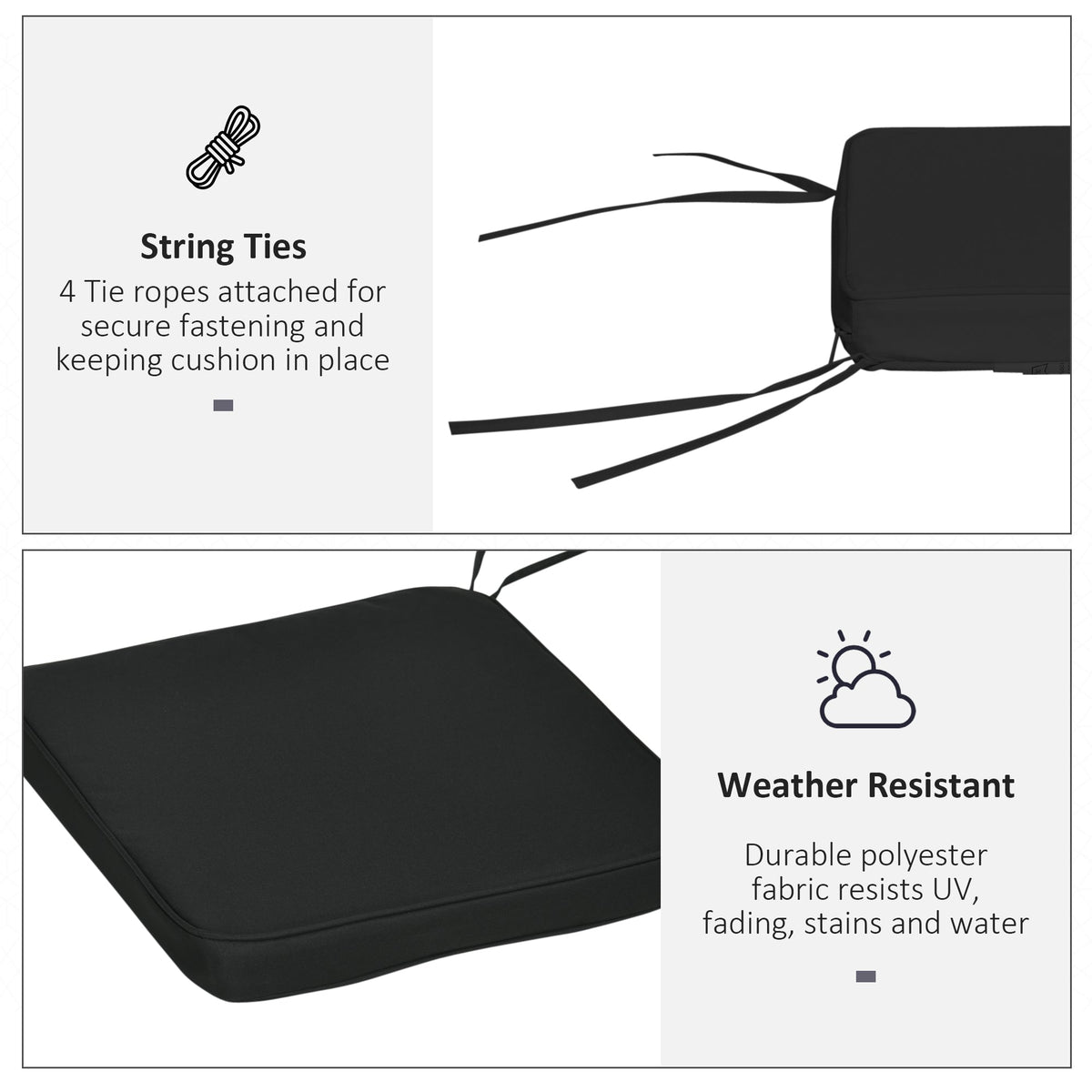 The seat pads highlighting the tie straps and weather resistant properties
