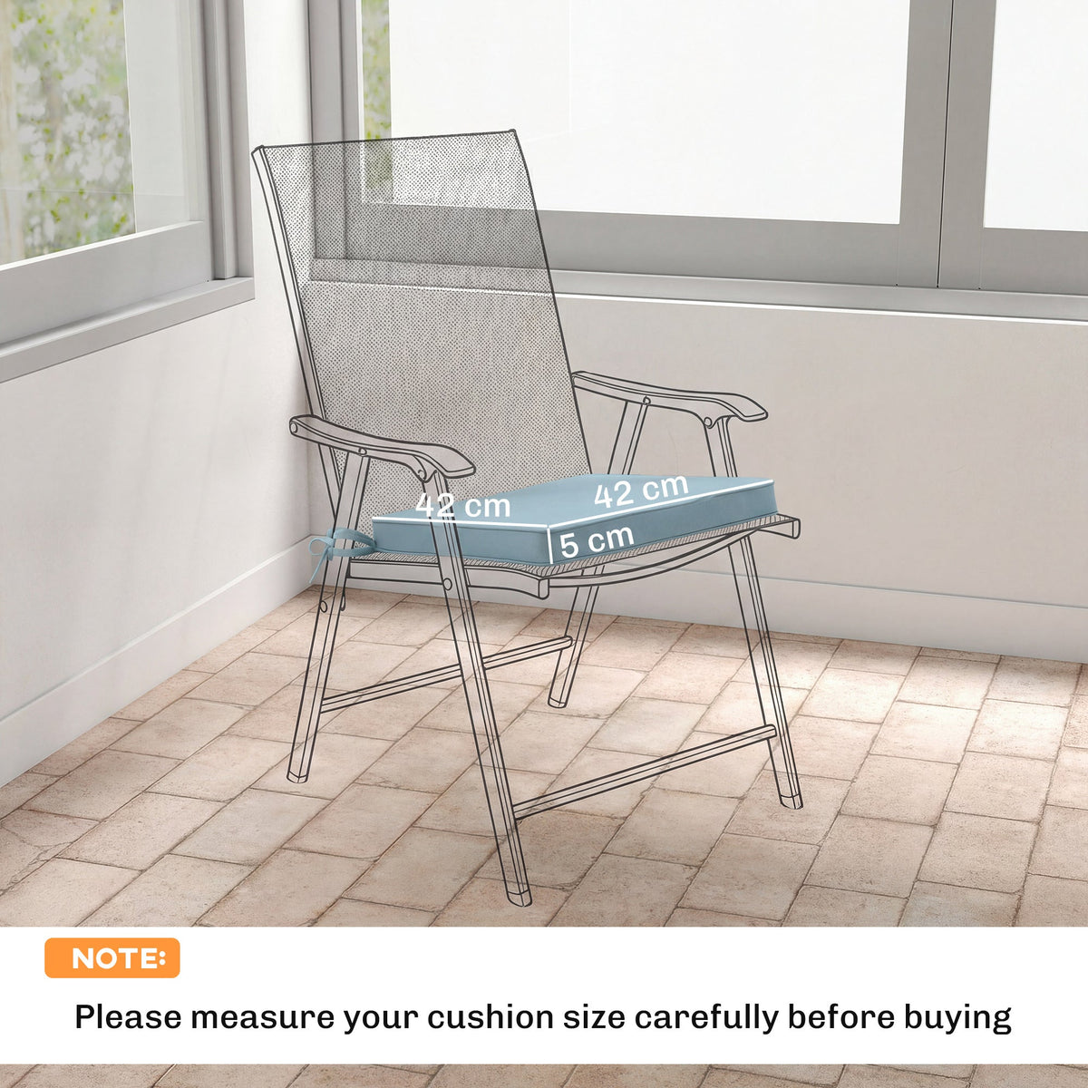Diagram showing the dimensions of a light grey chair cushion