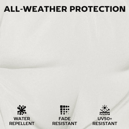 Cream white outdoor seat cushions showing water repellent and fade resistant icons