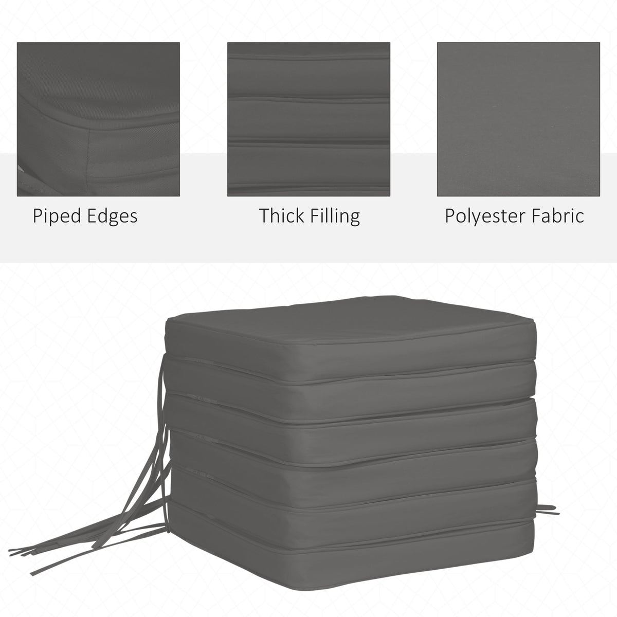 The garden cushions with close-up details of the piped edges and fabric texture