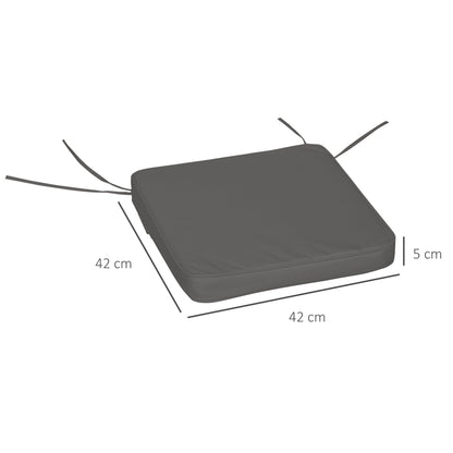 The grey chair cushion displayed with technical lines showing its square shape and depth