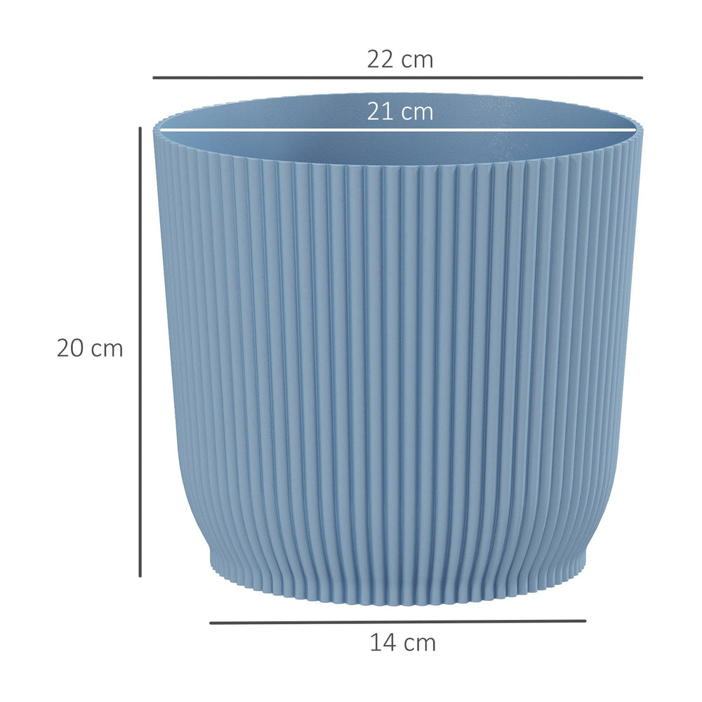 Dimensions of a single blue ribbed planter showing height and diameter