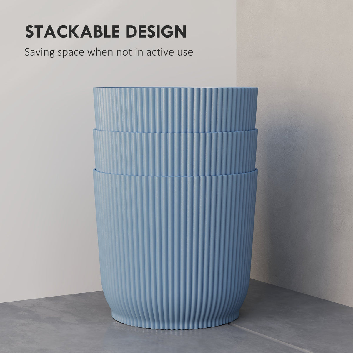 Three blue ribbed planters stacked on top of each other