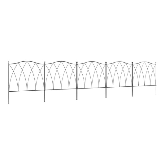 Outsunny Set of Five 61.5cm Decorative Metal Fence Panels in black, showing the full length of the connected panels