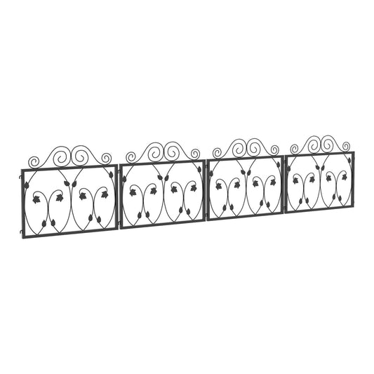 Outsunny Set of Four 57cm Leaf Scroll Metal Fence Panels arranged in a straight line on a white background
