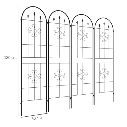 Four spiral anchor garden trellis panels with height and width dimensions shown