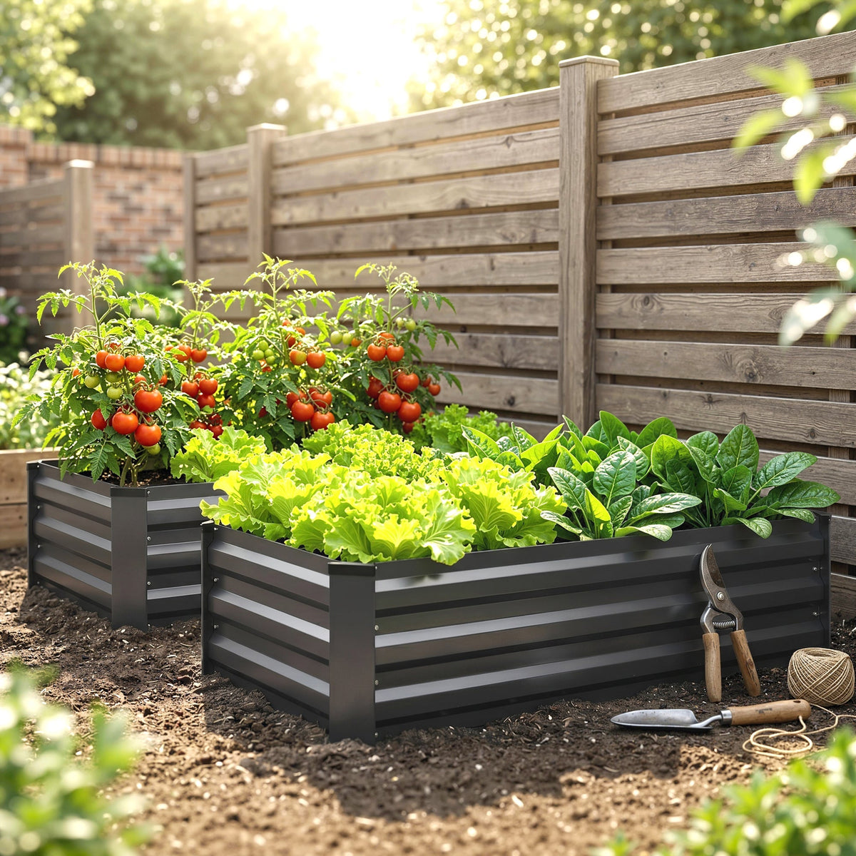 Two grey steel planter boxes filled with plants in a garden setting