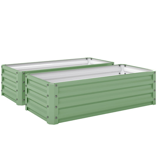 Outsunny Set of Two Steel Planter Boxes in light green, showing the two rectangular metal garden beds side by side