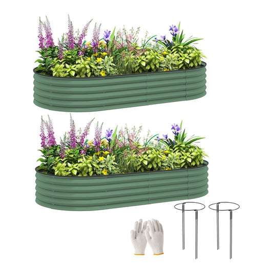 Outsunny Set of Two Steel Planters in green, filled with plants and with gardening gloves and stakes