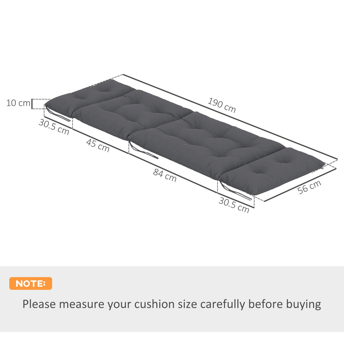 Diagram showing the dimensions of the dark grey sun lounger cushions