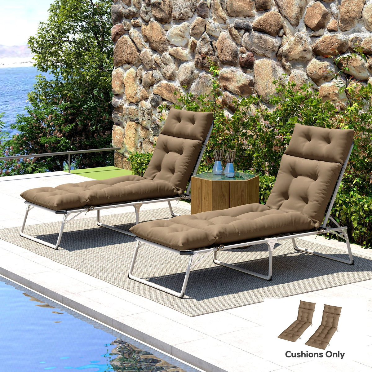 The sun lounger cushions placed on outdoor metal chairs by a swimming pool