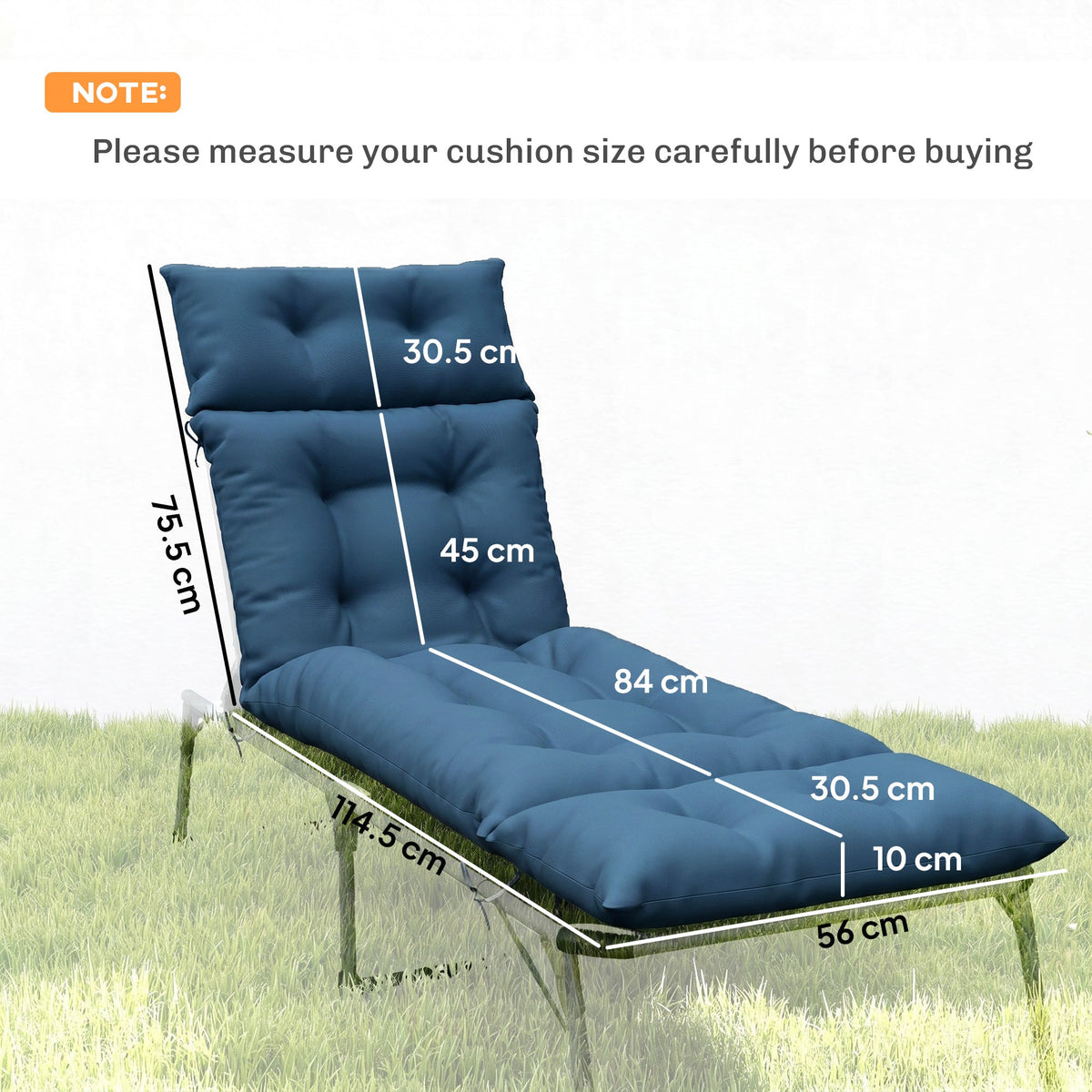 Dimensions of the navy blue sun lounger cushions laid out on a lounger