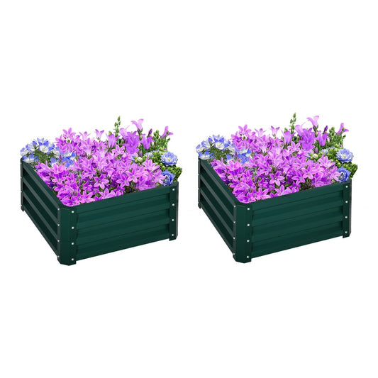 Outsunny Set of Two Steel Planter Boxes filled with purple and blue flowers against a white background