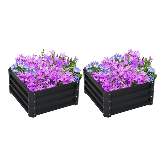 Outsunny Set of Two Steel Planter Boxes with purple flowers in them