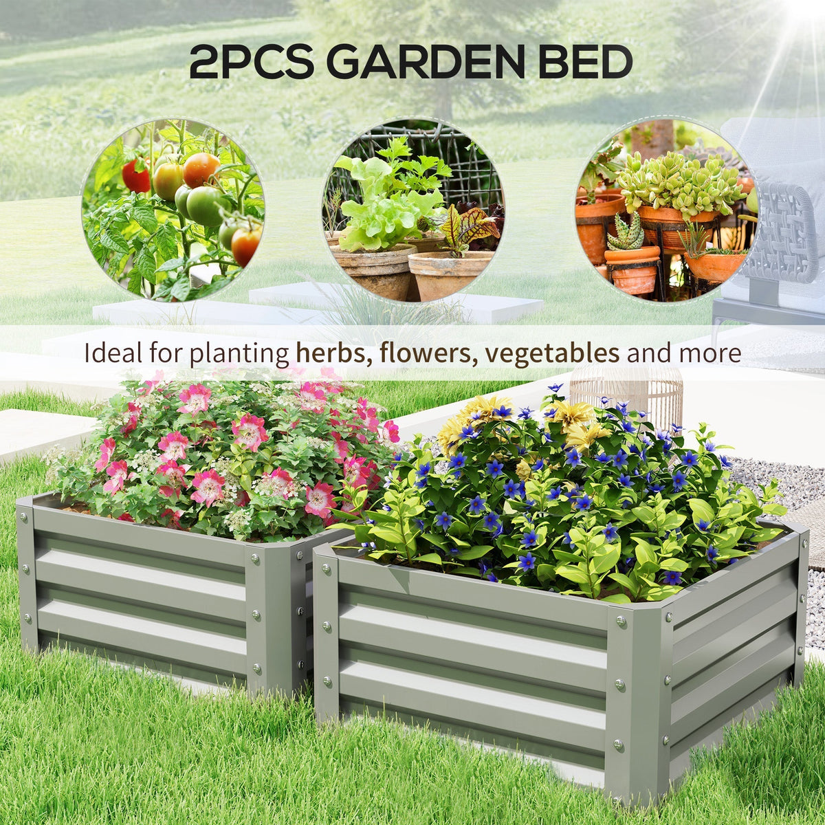 Two light grey steel garden beds filled with colourful flowers and green plants on a lawn