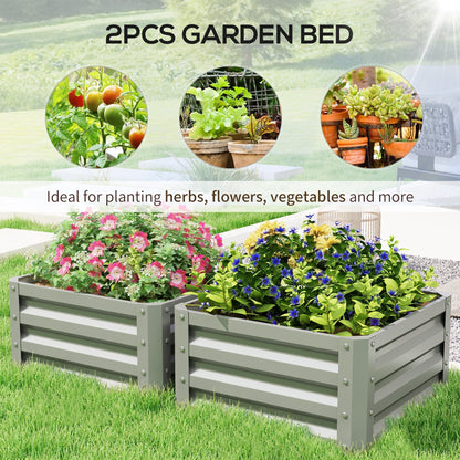 Two light grey steel garden beds filled with colourful flowers and green plants on a lawn